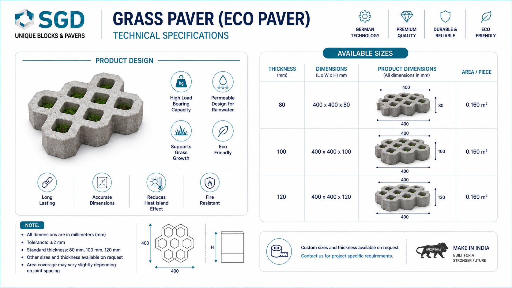 Grass paver dimensions and sizes from SGD Eco Pavers in Karnataka