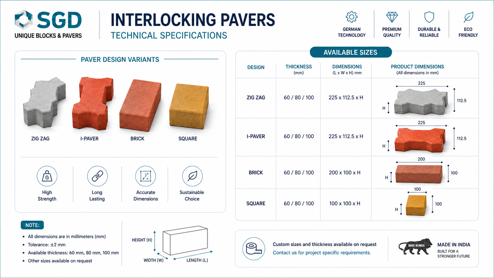 Pavers dimensions and sizes available in Karnataka