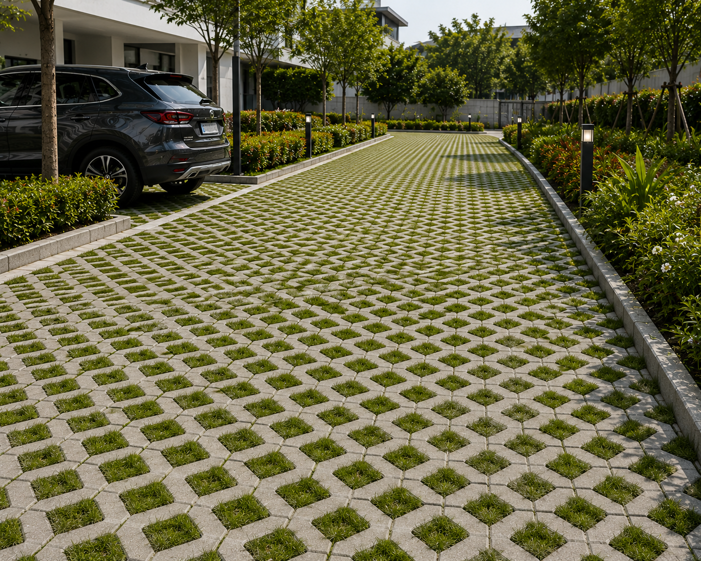 Grass paver pathway and eco-friendly landscaping in Karnataka